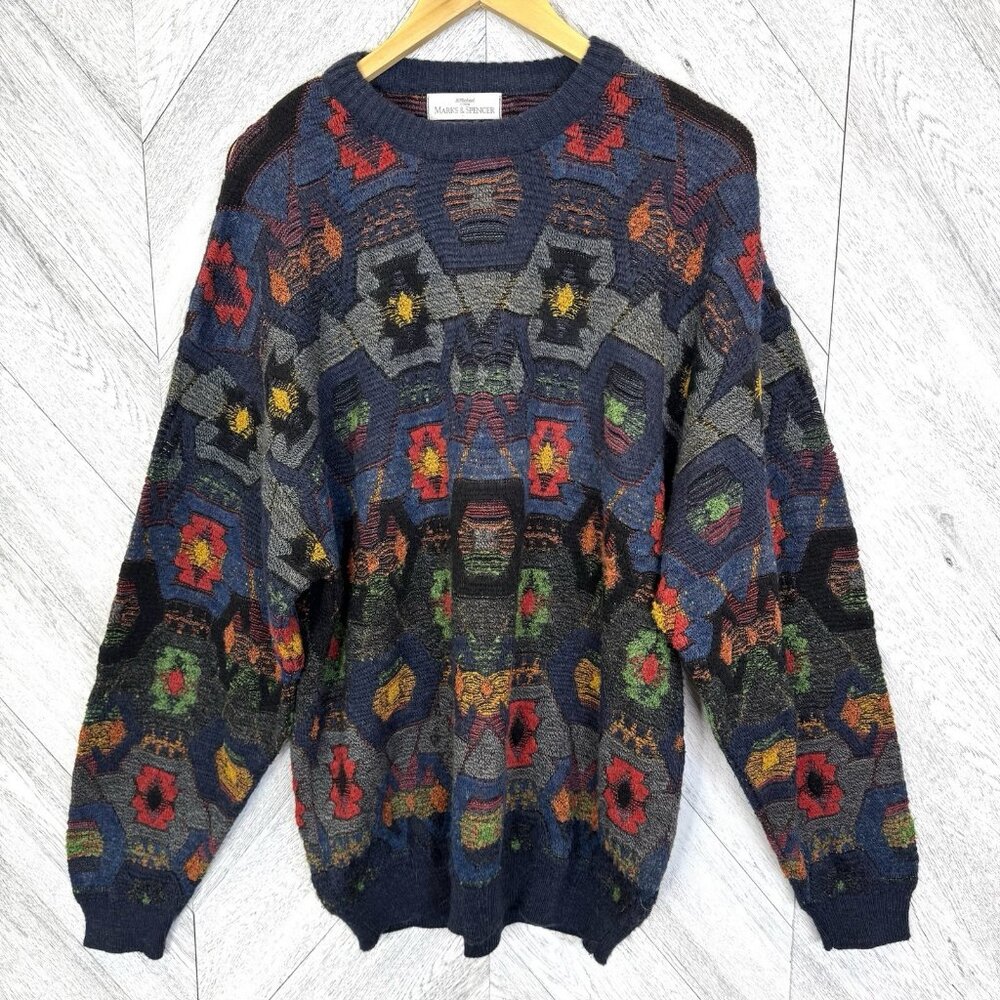 Vintage Sweater Mens Large Oversize Retro Hip Hop Streetwear 3D Kint Pullover